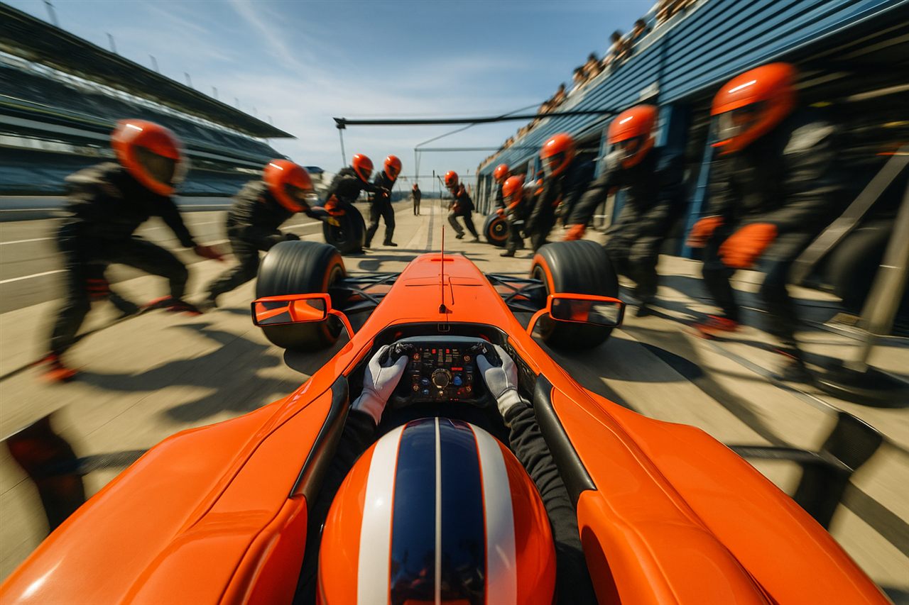 A pit crew springs into action around a race car